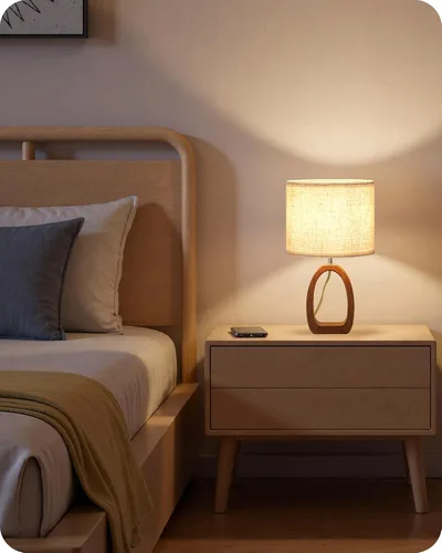 Vista 2 de LE07TLP205 - Juego de 2 lámparas de mesa de madera, lámpara de noche pequeña de 14.2 pulgadas con pantalla de lino beige y base de madera de perlado