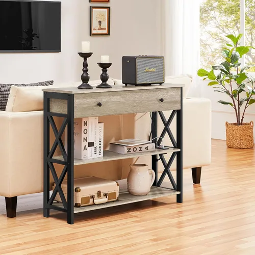 Vista 9 de Yaheetech Mesa consola con tomas de corriente y puertos USB, mesa de entrada de madera con cajón y estantes abiertos, mesas de sofá estrechas
