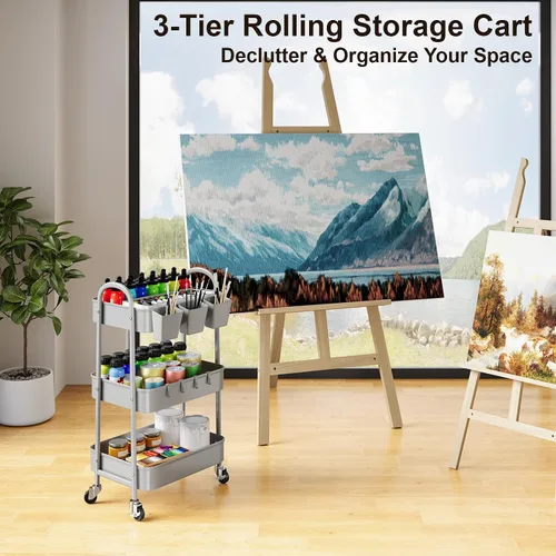 Vista 5 de Carrito rodante de 3 niveles de metal gris, carrito de almacenamiento de malla con asa y ruedas con cerradura, carritos organizadores