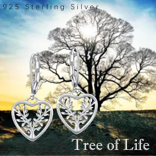 Vista 4 de Aretes colgantes con forma de corazón, plata de ley 925, aretes colgantes con forma de árbol de la vida, hipoalergénicos con corazón para orejas