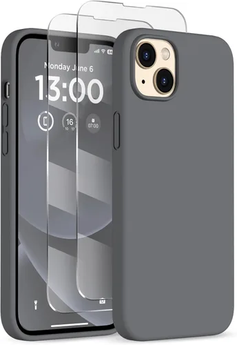 Vista 17 de Funda delgada para iPhone 13 de 6.1 pulgadas, silicona líquida a prueba de golpes, con forro de microfibra suave antiarañazos, 2 protectores