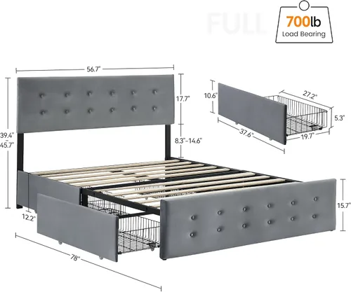 Vista 2 de Alkmaar Base de cama tapizada de terciopelo tamaño matrimonial con 4 cajones de almacenamiento y cabecero, base de colchón con botones cosidos