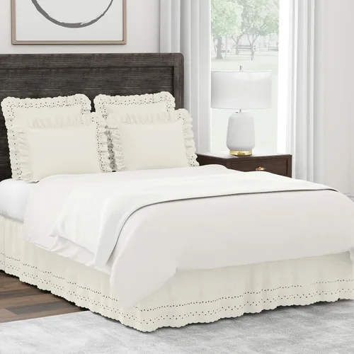 Vista 4 de FRESH IDEAS Fundas de almohada con volantes con detalle de ojales bordados, estándar, marfil, paquete de 2