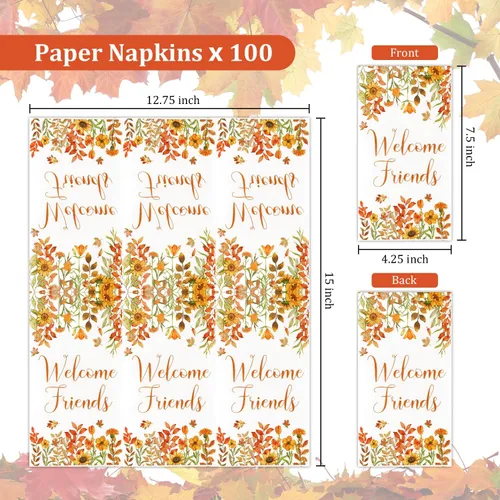 Vista 3 de Quera 100 servilletas de papel desechables con hojas de otoño con texto en inglés "Welcome Friends", servilletas de papel desechables para Acción
