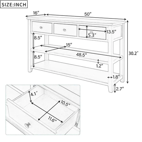 Vista 2 de GDFStudio Trexme - Mesa consola rectangular de madera de 50 pulgadas de largo con tres cajones de almacenamiento y dos estantes abiertos, mesa