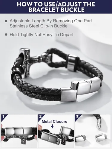 Vista 7 de Bandmax Pulsera trenzada de cuero negro para hombre con colgante gótico punk, pulsera de cuero con hebilla de acero inoxidable, paquete de regalo