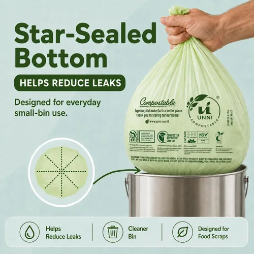 Vista 5 de Bolsas de basura compostables UNNI, 2.6 galones / 9.84 litros, 100 unidades, extra gruesas de 0.71 mil, forros para contenedores pequeños de restos