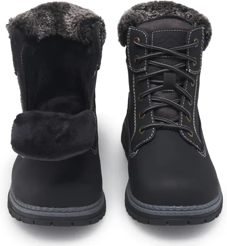 Vista 7 de Botas de invierno para senderismo en la nieve para mujer, botas de trabajo de combate marrones casuales, botas de tobillo antideslizantes con forro