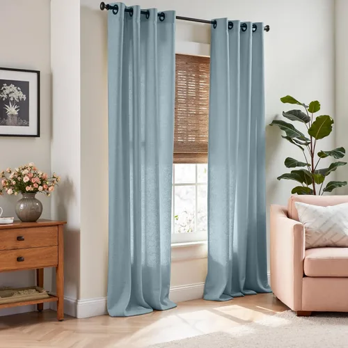Vista 2 de Jinchan Cortinas de lino azul semitransparentes de 96 pulgadas de largo, 2 paneles para sala de estar con ojales, cortinas oscuras de lino