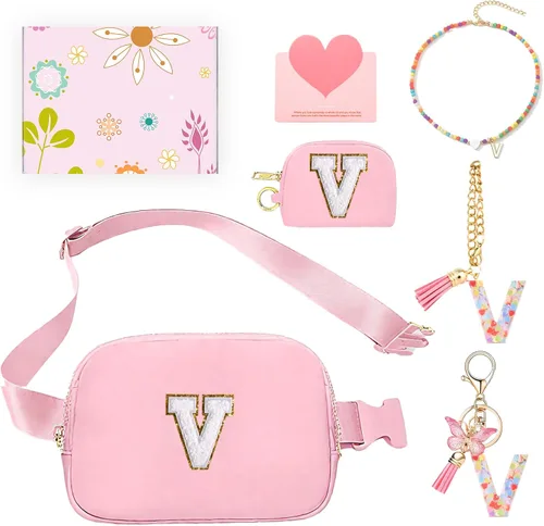 Vista 45 de Regalos de moda para niñas adolescentes, cangurera con monograma para niña con llavero, collar, dijes de taza, tarjeta de felicitación y caja
