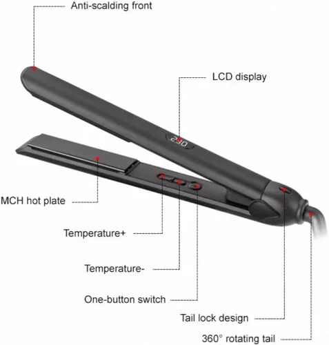 Vista 3 de Plancha de pelo profesional, negro, plancha plana de titanio con pantalla LCD, placa caliente MCH, cable giratorio de 360°, calentamiento rápido