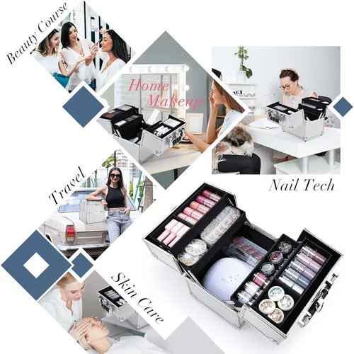 Vista 6 de FRENESSA Estuche de Tren para Maquillaje, Caja Organizadora de Cosméticos Portátil con Candado, Estuche de Viaje para Maquillaje con 4 Bandejas