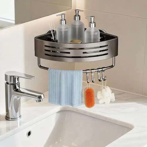 Vista 7 de Estante esquinero de ducha con ventosa, sin agujeros con toallero y gancho, estante de almacenamiento de baño gris, estantes triangulares sin