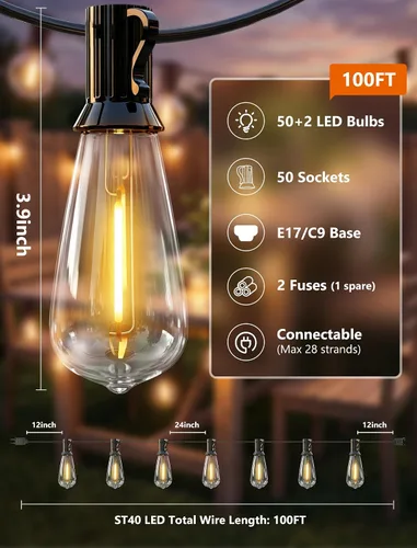 Vista 2 de Oviejo Tira de luces LED para exteriores de 100 pies, impermeable, con 52 bombillas LED ST40, base E17, para cubierta, exterior, patio, casa