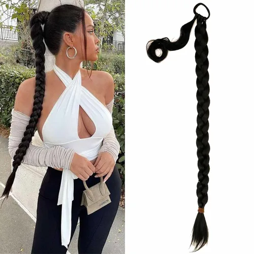 Vista 7 de Extensión de cola de caballo de trenza larga con lazo elástico, 1 unidad, extensiones de cabello sintético lacio y elegante envolvente para mujer