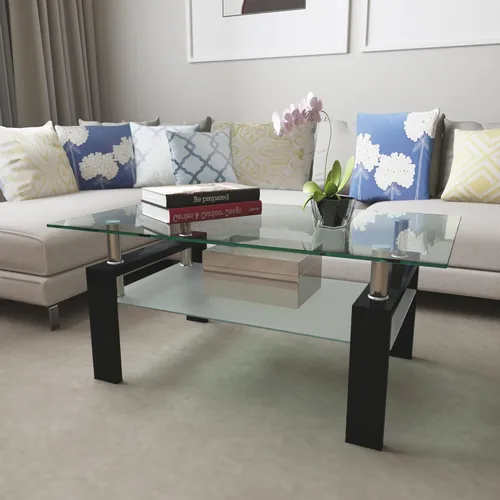 Vista 6 de Mesa de centro moderna de cristal, mesa de centro transparente, mesa de té perfecta para sala de estar, oficina, patas de metal negro, 39.37 x 23.62