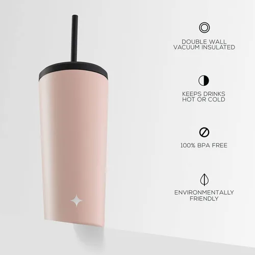Vista 4 de JoyJolt Vaso de 20 onzas con triple aislamiento con tapa y popote (2 cada uno) de acero inoxidable de doble pared al vacío, con forro de cobre
