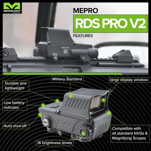 Vista 4 de MEPROLIGHT® MEPRO RDS PRO V2 Mil-Spec - Mira electro óptica de punto rojo, retícula de diana roja de 2.2 MOA, brillo de retícula de 16, Picatinny