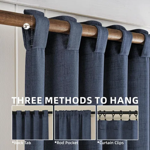 Vista 3 de Cortinas con pestaña trasera de 84 pulgadas de largo, mezcla de lino, juego de 2 paneles, cortinas azul oscuro extra anchas para patio, pasillo