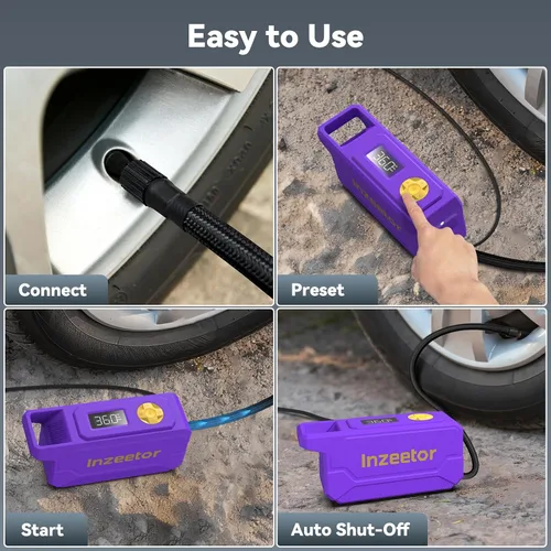 Vista 8 de Compresor de aire portátil con inflador de neumáticos de 150 PSI con presión digital, morado Bomba de aire de apagado automático de 12V DC Luz LED