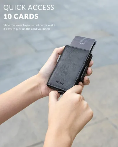 Vista 2 de VULKIT Tarjetero de crédito con bloqueo RFID de cuero automático, billetera desplegable delgada con clip para dinero, funda doble para tarjetas