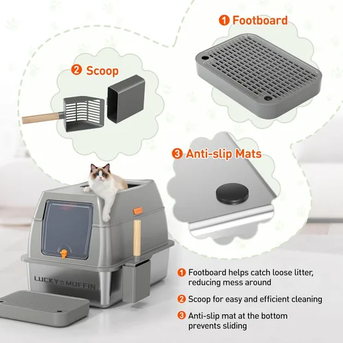 Vista 6 de Caja de arena para gatos de acero inoxidable 3 en 1 con tapa extraíble, caja de metal de alta cara extra grande cerrada para gatitos grandes