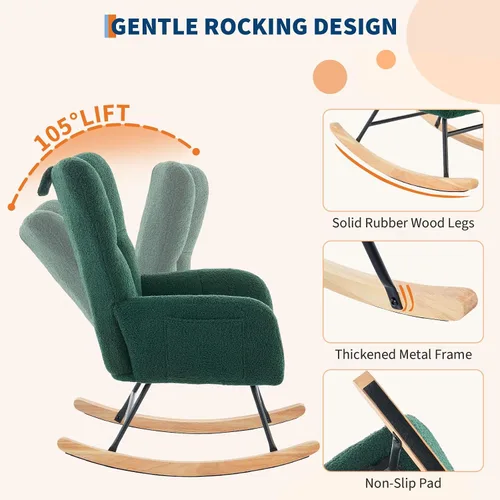Vista 4 de Mecedora deslizadora tapizada con patas de madera para sala de estar, dormitorio, cuarto de bebé, incluye bolsillos laterales