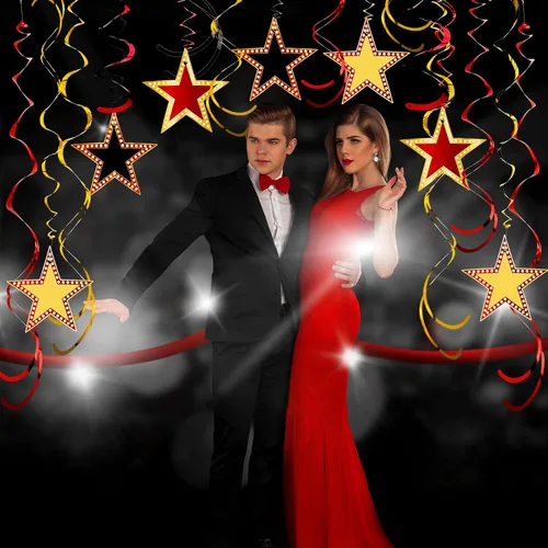 Vista 5 de Lenwen 39 espirales colgantes estilo estrella rojo dorado y negro para decoración nocturna de películas, alfombra roja, decoración de fiesta