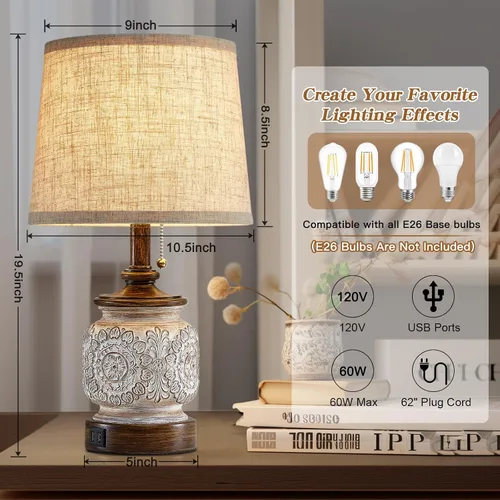 Vista 4 de Juego de 2 lámparas de mesa de noche estilo granja de 19.5 pulgadas, lámparas rústicas para mesita de noche de dormitorio con puertos USB, lámparas