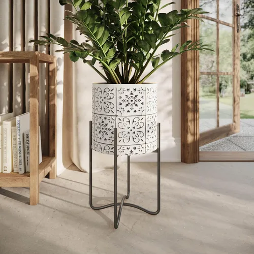Vista 7 de EverNest Tristan - Maceta neutra de diseño bohemio blanco y negro con soporte Ambrose, macetas SelectBase para plantas