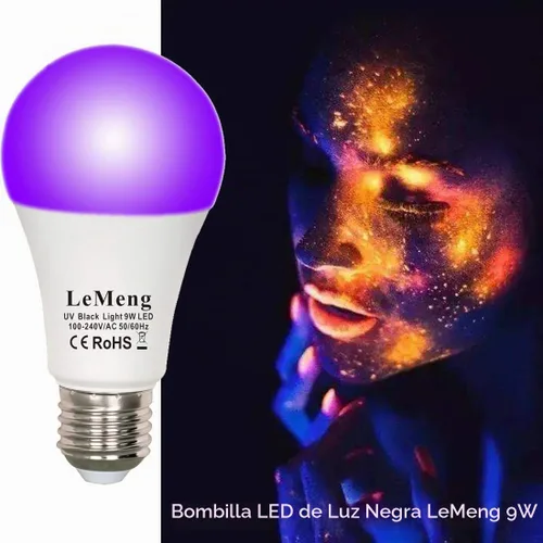 Vista 3 de Bombilla LED negra de 9 W, luz negra A19 (equivalente a 75 vatios), base media E26 de 120 V, nivel UVA 395-400 nm, brilla en la oscuridad
