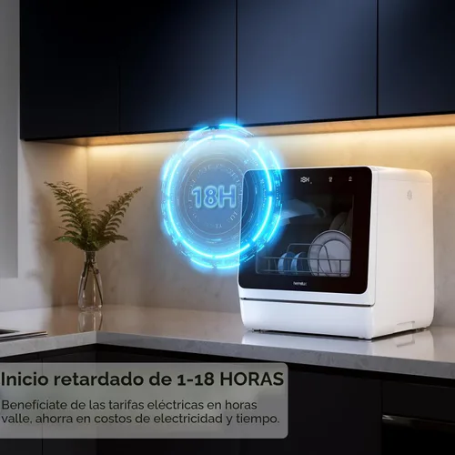 Vista 5 de Hermitlux Lavavajillas para encimera, 7 programas de lavado, mini lavavajillas portátil con tanque de agua integrado de 5 litros para apartamentos