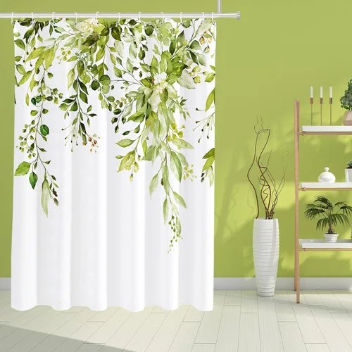 Vista 52 de Tititex - Juego de cortinas de ducha de eucalipto negro, hojas de acuarela gris en la parte superior, con decoración floral de baño, 60 x 72