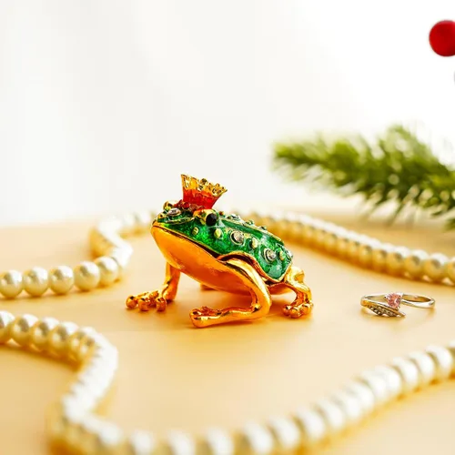 Vista 3 de YU FENG Caja de baratijas de rana con corona de cristal, con bisagras, figura de rana coleccionable, soporte de anillo decorativo pintado a mano