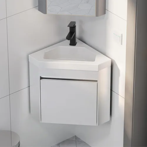 Vista 9 de eclife Combo de lavabo de baño esquinero de 22 pulgadas para espacio pequeño, armario flotante montado en la pared con fregadero de resina blanca