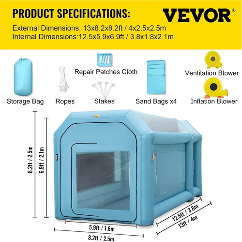 Vista 7 de VEVOR Cabina de Pintura Inflable Portátil, Cabina de Pulverización Inflable de 13 x 8 x 8 pies, Carpa de Pintura para Automóvil con Sistema
