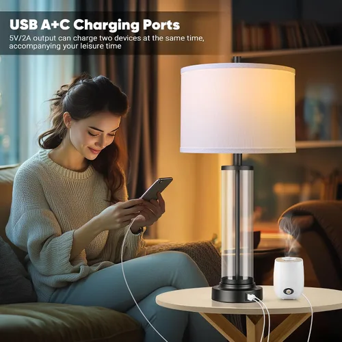 Vista 7 de QiMH Juego de 2 lámparas de mesa con control táctil con puertos USB, lámpara de noche regulable de 3 vías para sala de estar, dormitorio, casa