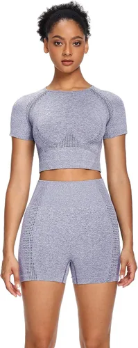 Vista 5 de Sytiz Conjunto de 2 piezas de yoga sin costuras para mujer pantalones cortos de gimnasio y camiseta corta de manga corta