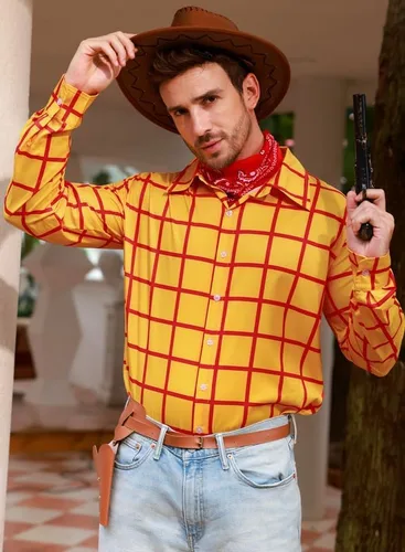 Vista 2 de Arvilhill Adult Halloween Howdy Costume Men's Button Down Plaid Cowboy Shirt