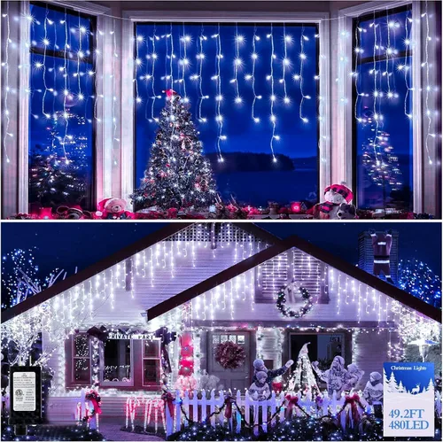 Vista 28 de FLVOECN 480 luces LED de Navidad de 49 pies, enchufables, 8 modos con temporizador, luces de hielo regulables, para exteriores, impermeables