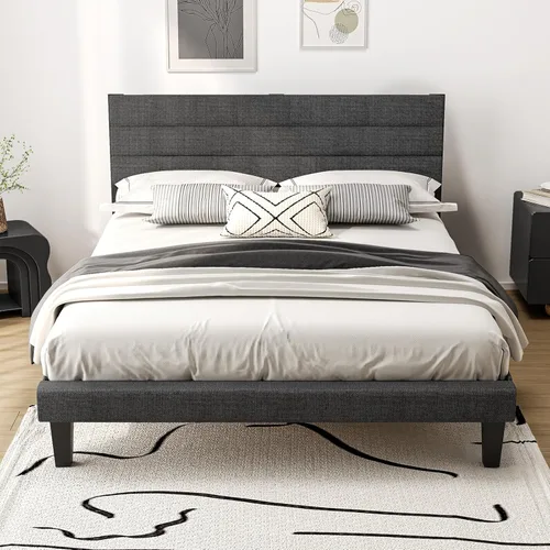 Vista 22 de VINGLI Base de cama individual para niños, cama de plataforma tapizada Boucle con cabecera ajustable, soporte de listones de madera resistente, cama