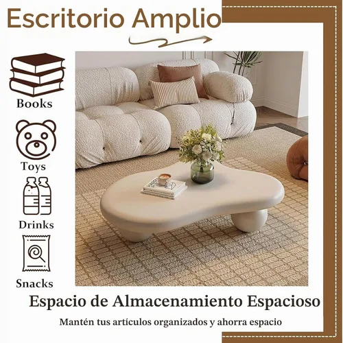 Vista 6 de Mesa de café en forma de nube blanca crema Mesa de café irregular Mesa de centro irregular de madera moderna y bonita con 3 patas esféricas