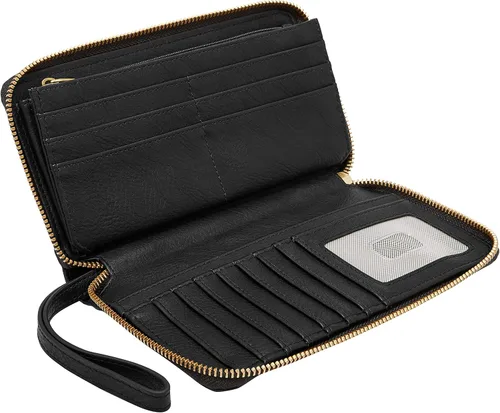 Vista 3 de Fossil Liza - Cartera de cuero con cremallera alrededor para mujer con correa retráctil para la muñeca, Negro