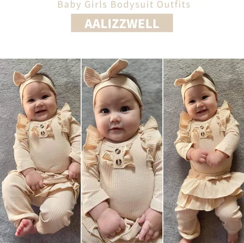Vista 2 de Aalizzwell Conjunto de mameluco acanalado para bebés y niñas prematuros, para otoño e invierno Beige