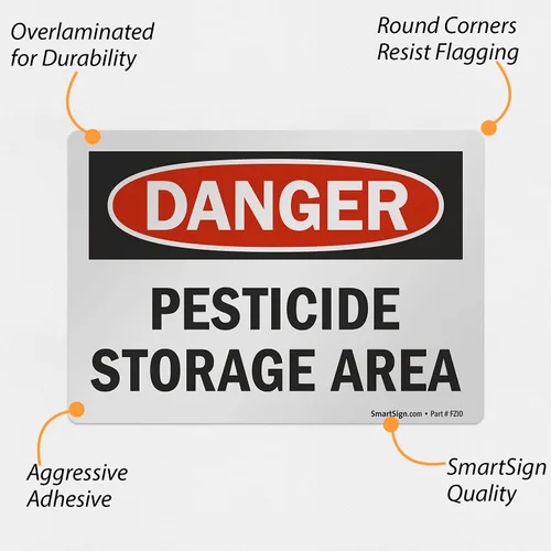 Vista 4 de SmartSign Etiqueta OSHA de 3.5 x 5 pulgadas "Peligro - Área de almacenamiento de pesticidas", poliéster adhesivo laminado de 3 mil, rojo, negro