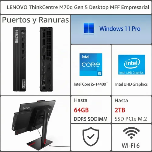 Vista 2 de Lenovo ThinkCentre M70q Gen 5 Tiny Desktop, 8GB DDR5 RAM, 256GB PCIe SSD, 1L Mini PC MFF computadora con Office 365, Intel 10-Core i5-14400T, WiFi