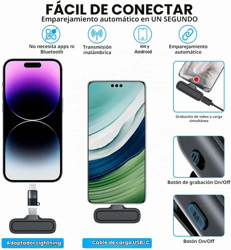 Vista 3 de Paquete de 2 micrófonos inalámbricos Lavalier para iPhone y Android, micrófono con clip de reducción de ruido Plug and Play con funda de carga