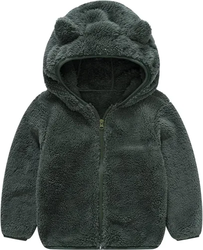 Vista 30 de Chaqueta con capucha de forro polar con cremallera para niñas y niños pequeños, abrigo de osito cálido de invierno Negro