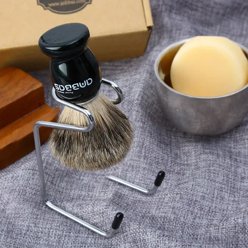 Vista 7 de Kit de afeitado Anbbas con brocha de cerdas de tejón puro, mango de madera negra y barra de jabón recargable de 100g, soporte de afeitado de acero