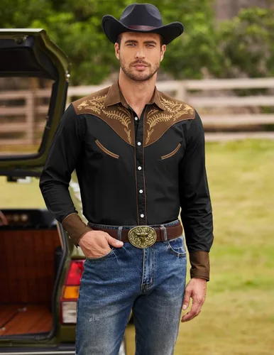 Vista 3 de COOFANDY Men's Western Embroidered Shirts Cowboy Casual Shirt Button Down Shirts